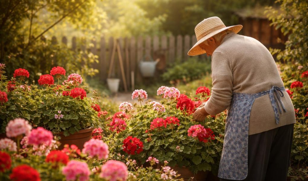 personne-agee-jardin-geraniums-cloture