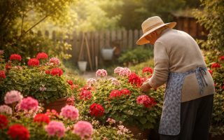 personne-agee-jardin-geraniums-cloture