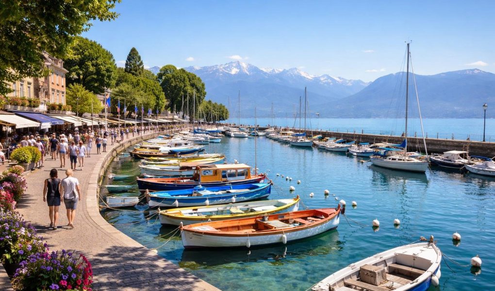 port-rives-thonon-bateaux-colorés-montagnes