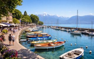 port-rives-thonon-bateaux-colorés-montagnes