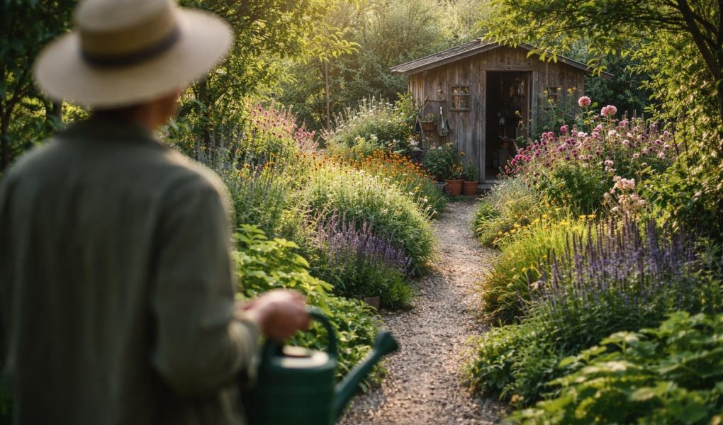 jardin-allee-gravier-cabane-fleurs