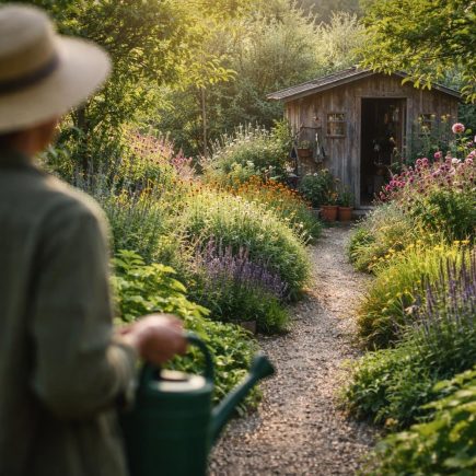 jardin-allee-gravier-cabane-fleurs