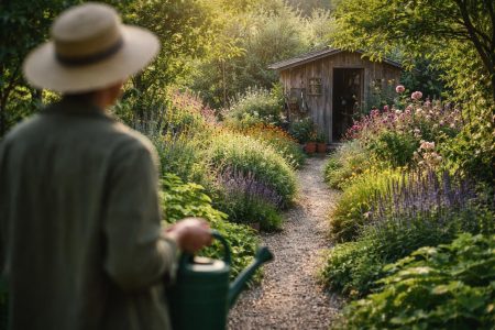 jardin-allee-gravier-cabane-fleurs