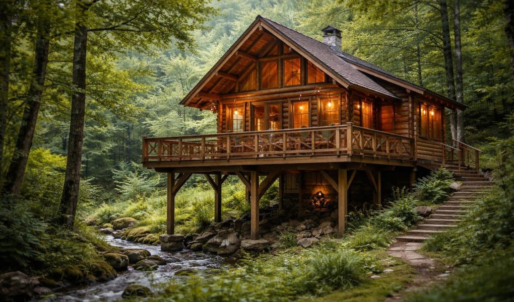 chalet-bois-pilotis-foret-verdoyante