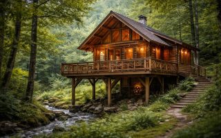 chalet-bois-pilotis-foret-verdoyante