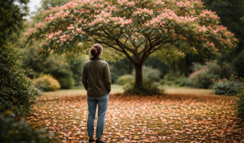 albizia-fleuri-personne-pensive-feuilles-sol
