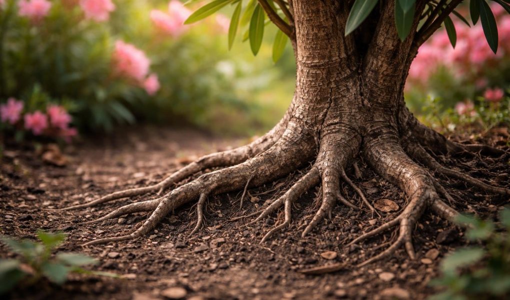 racines-laurier-rose-jardin-flou