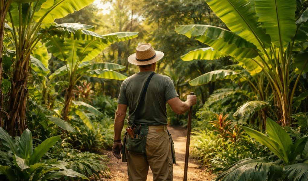 jardin-tropical-bananiers-jardinier-outil