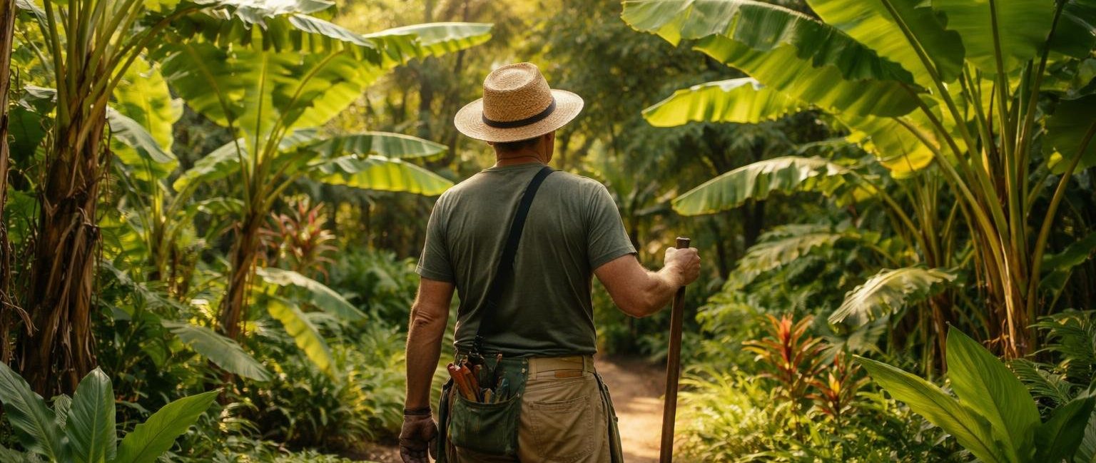 jardin-tropical-bananiers-jardinier-outil