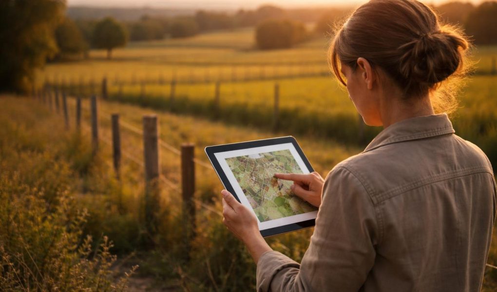 personne-tablette-champs-piquets-coucher-soleil