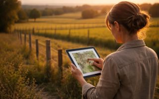 personne-tablette-champs-piquets-coucher-soleil