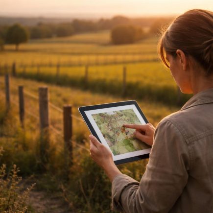 personne-tablette-champs-piquets-coucher-soleil