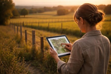 personne-tablette-champs-piquets-coucher-soleil