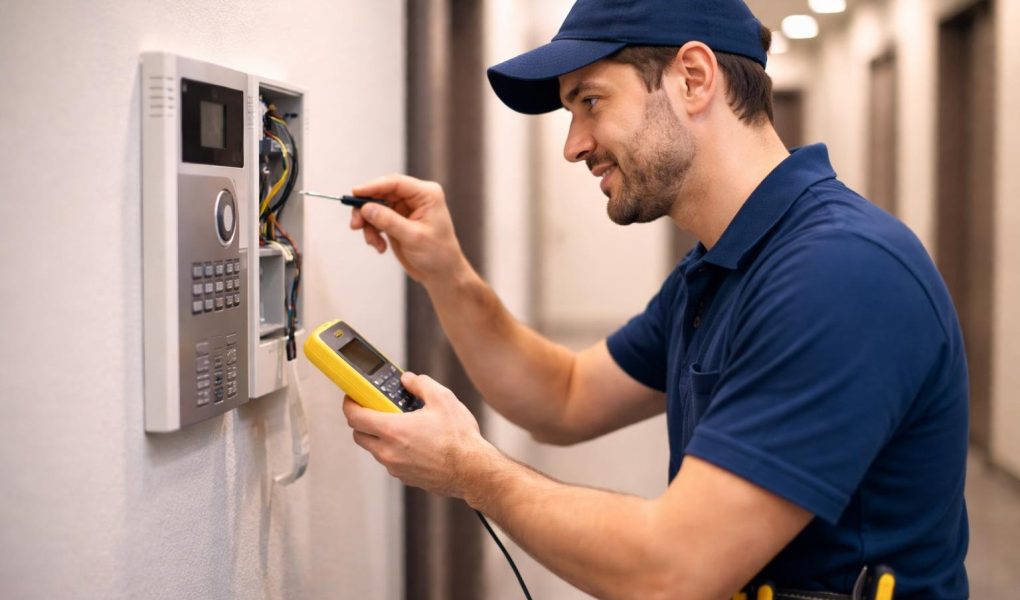 technicien-verifie-interphone-couloir