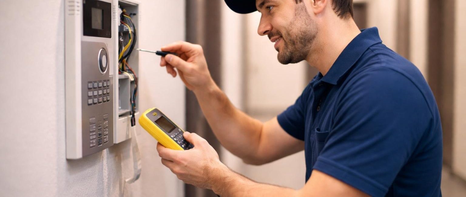 technicien-verifie-interphone-couloir