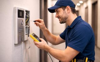 technicien-verifie-interphone-couloir