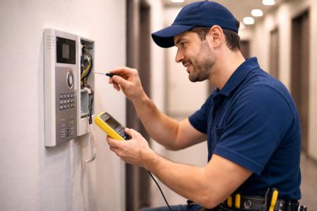 technicien-verifie-interphone-couloir