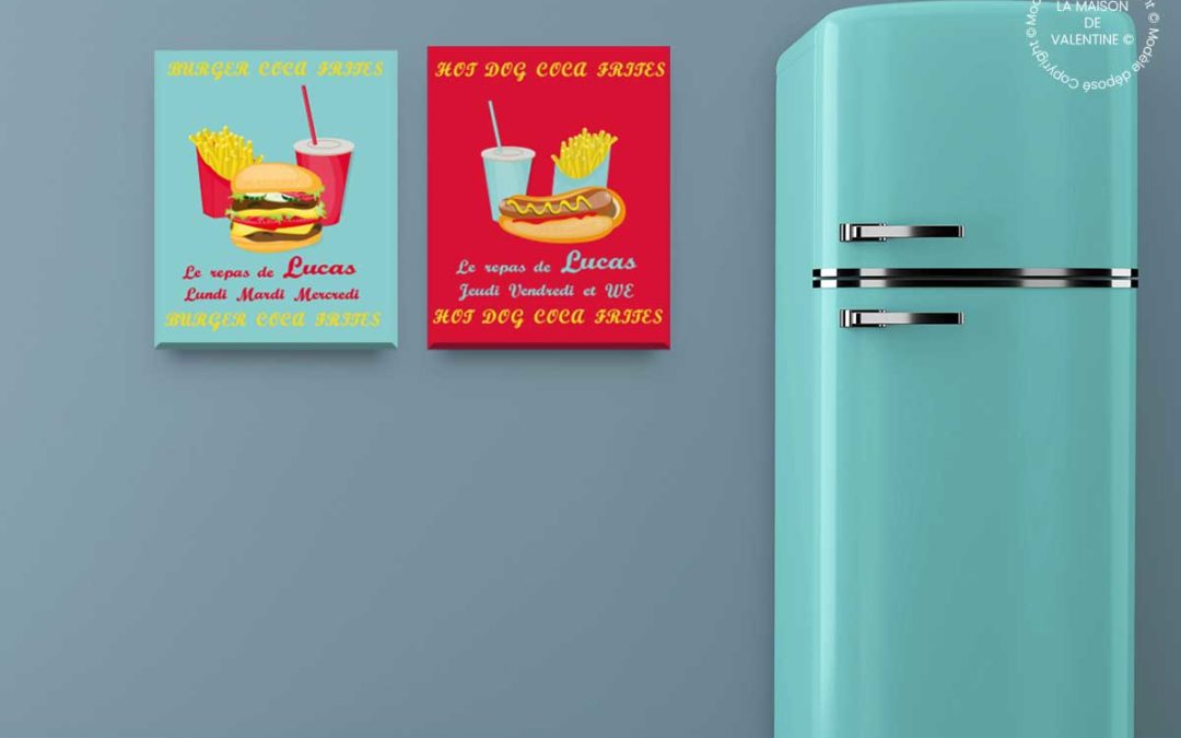 Tableaux cuisine vintage turquoise et rouge burger et hot dog