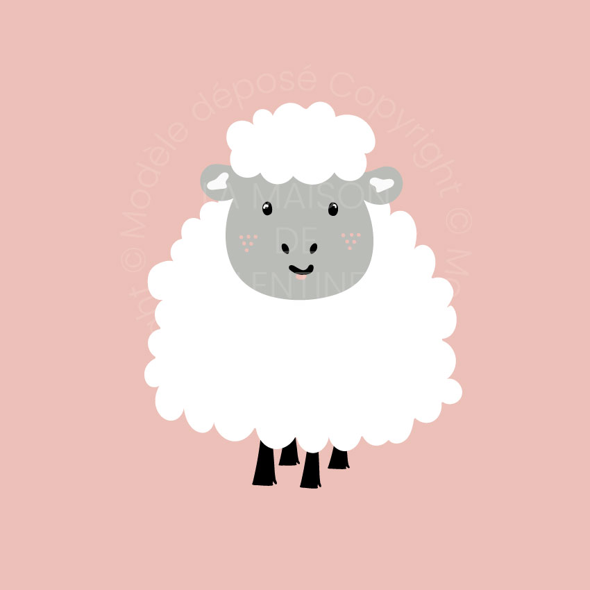tableau animaux mouton blanc chambre d'enfants rose poudré