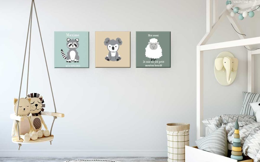 Tableaux triptyques personnalisés pour chambre d’enfant thème animaux