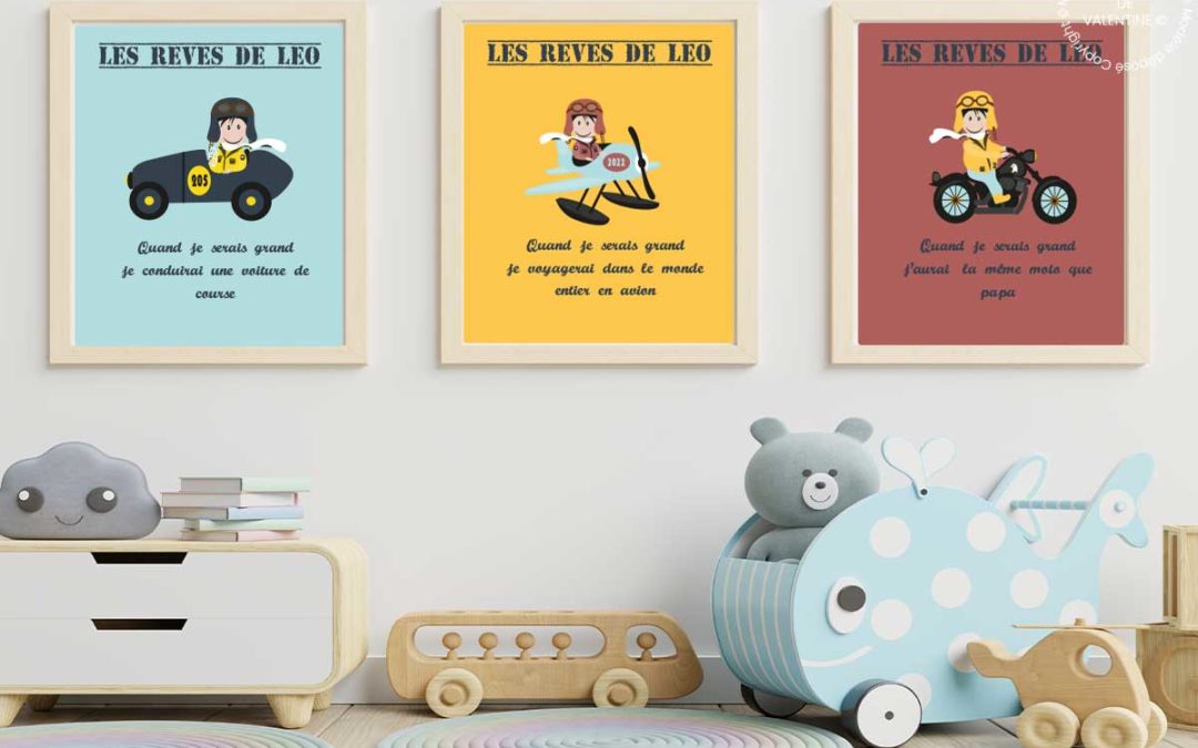 Tableaux personnalisés triptyque voiture vintage dans une chambre d’enfant