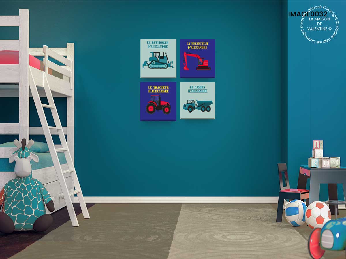 tableaux personnalisés chambre de garçon camion pelleteuse bleu canard bleu pastel