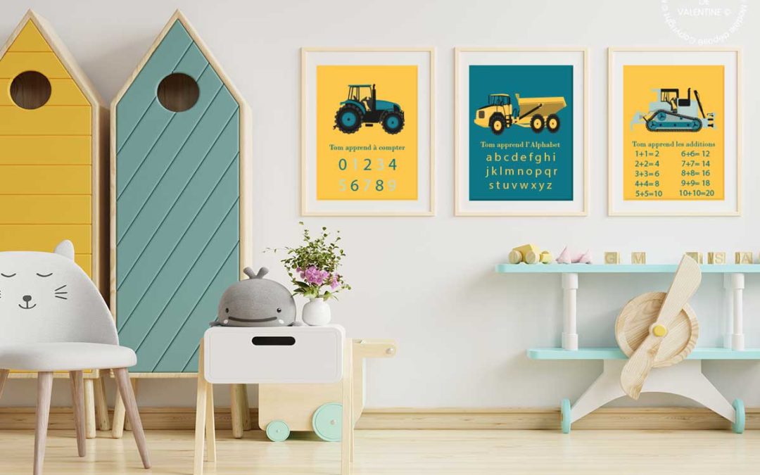 Tableaux chiffres et lettres de l’alphabet pour chambre d’enfant  camion et tracteur