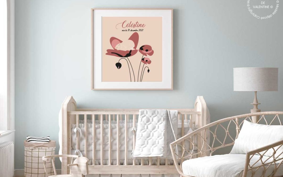 Tableau naissance prénom avec bébé dans fleur