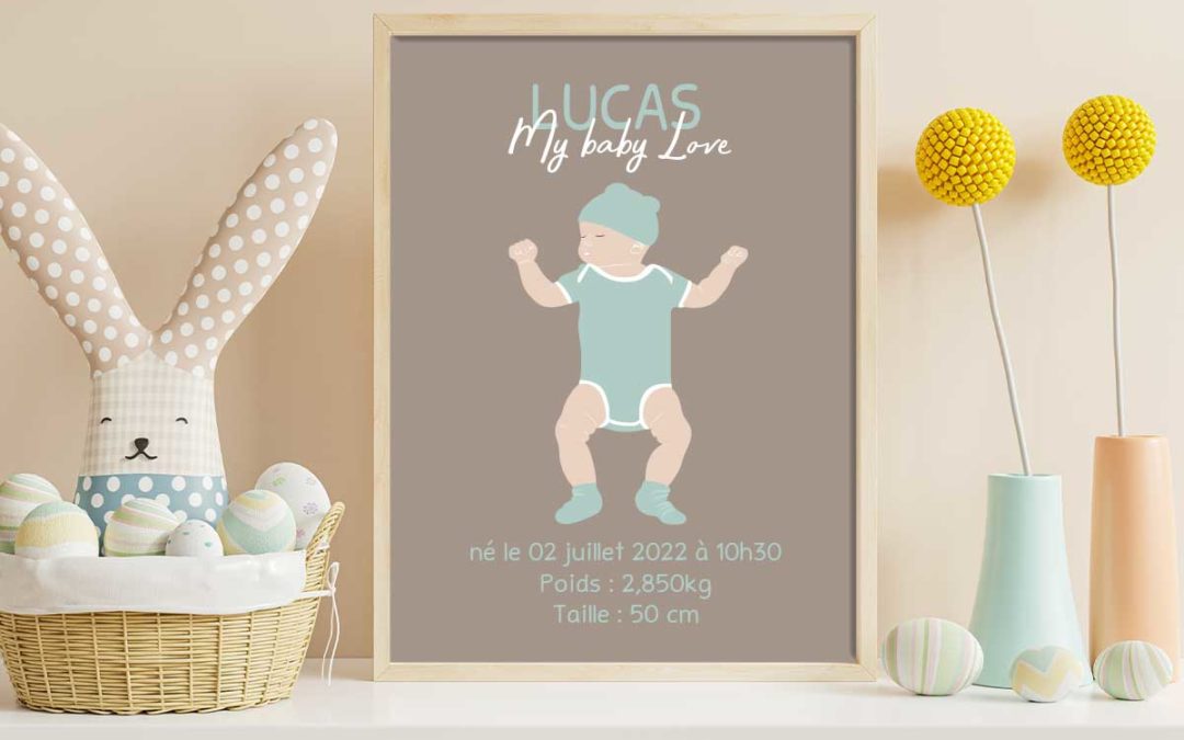 Tableau personnalisé naissance bébé sur le dos avec prénom