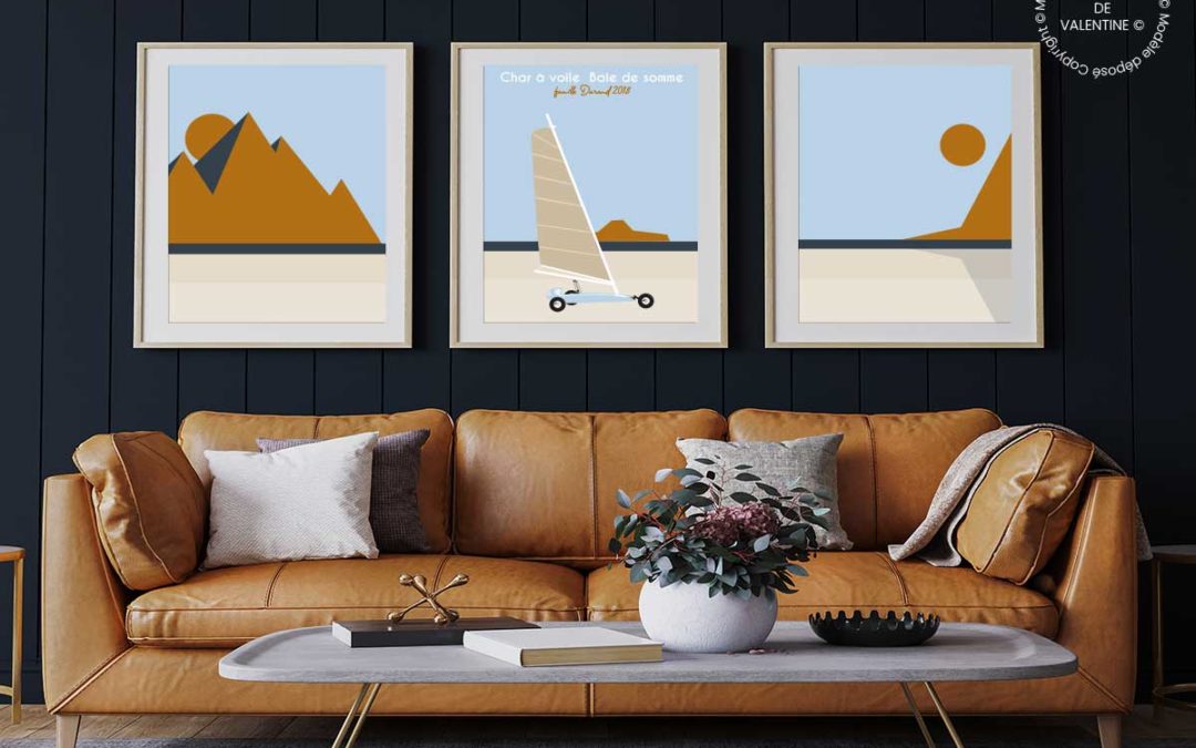 Tableau triptyque paysage moderne dans intérieur vintage