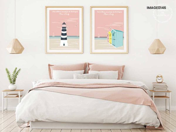 affiche scandinave personnalisable bord de mer dans chambre à coucher rose poudré