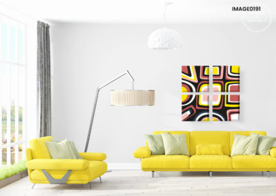 Composition multi tableaux abstrait géométrie imparfaite couleur jaune rose terracotta