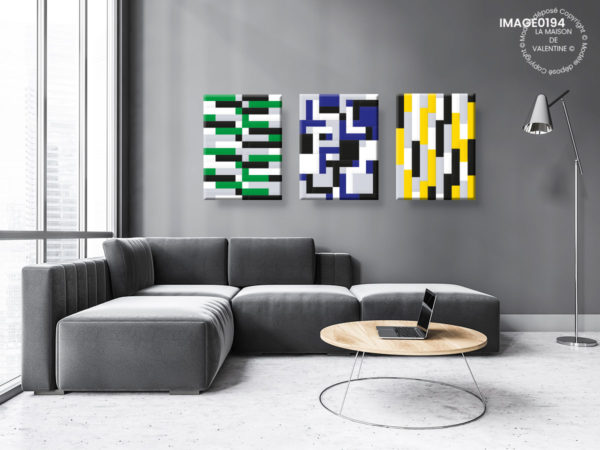 Tableau triptyque abstrait moderne et design formes géométriques couleurs vives