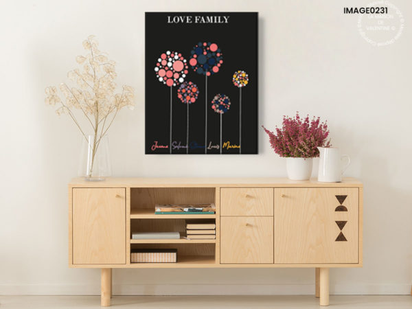 Tableau moderne noir Abstrait fleurs avec prénom famille