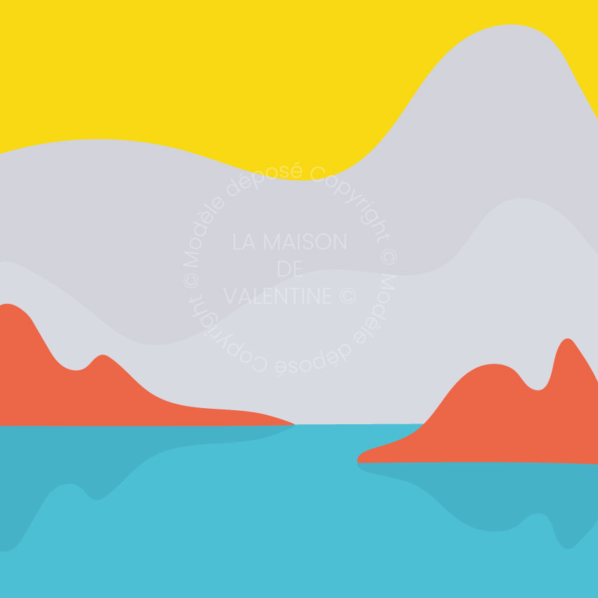 paysage minimaliste scandinave lac et montagne coloré